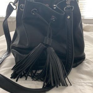 Rebecca Minkoff black leather tassel bucket bag